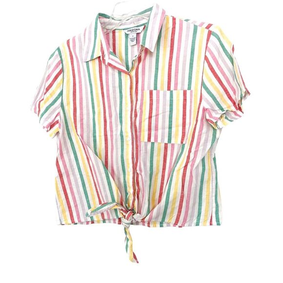 Arizona Jean Co White Muliticolor Striped Button Down Short Sleeve Shirt Medium - Picture 4 of 9